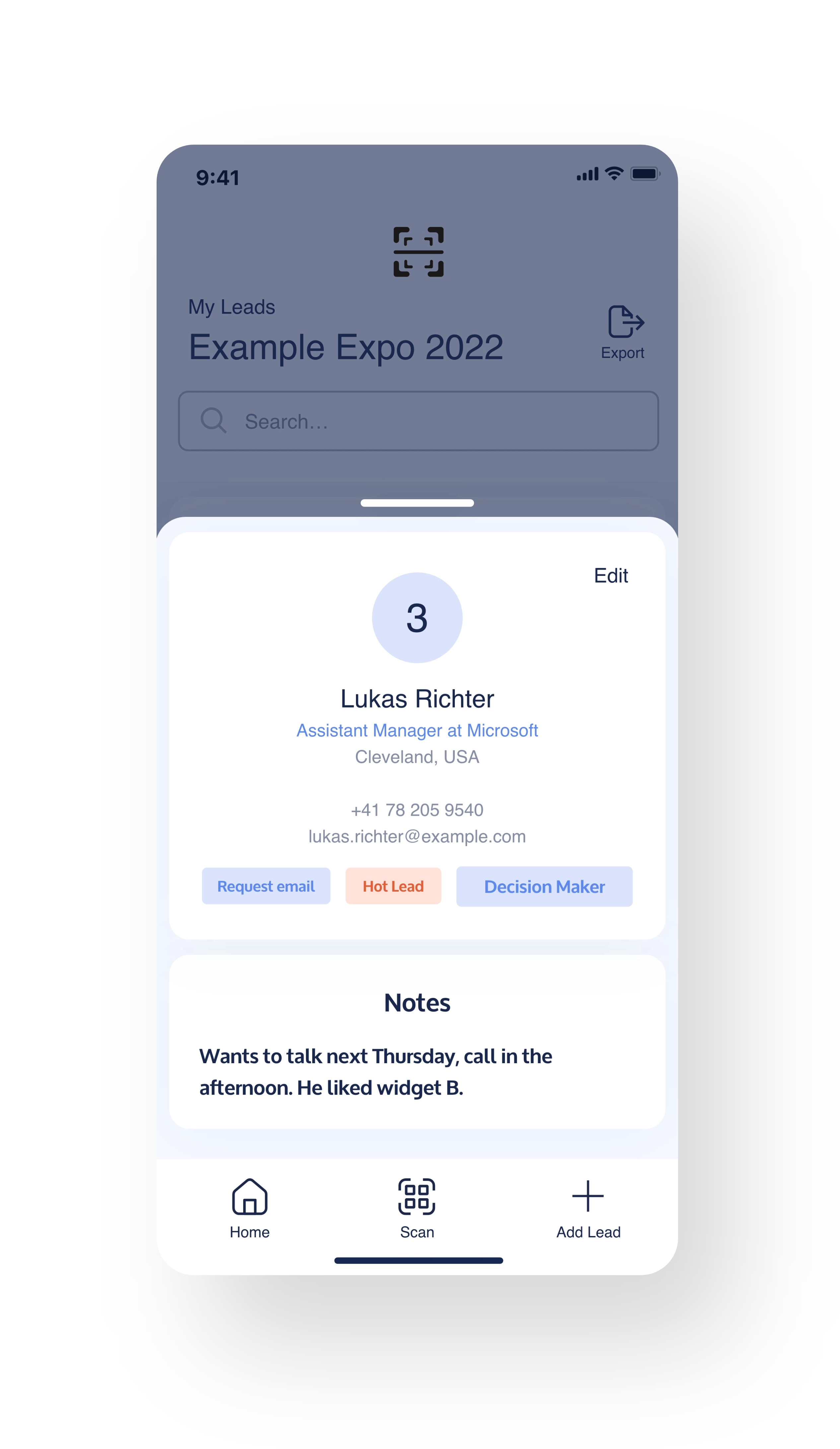 QR Lead Capture – captured lead list and event analytics view